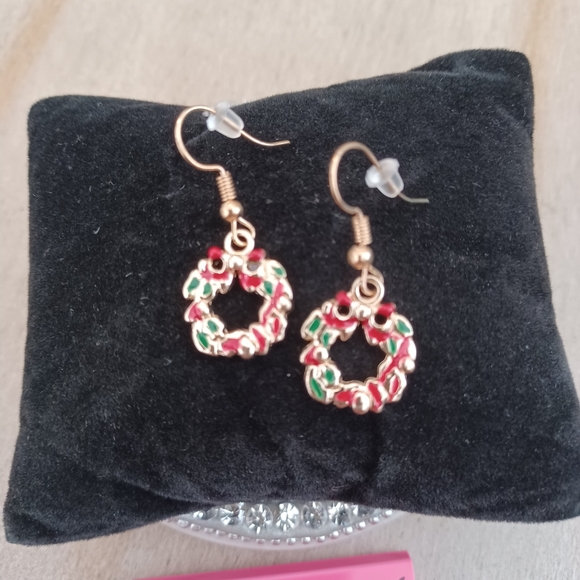 Gold & Red Holiday Christmas Wreath Dangle Drop Earrings - Picture 3 of 7